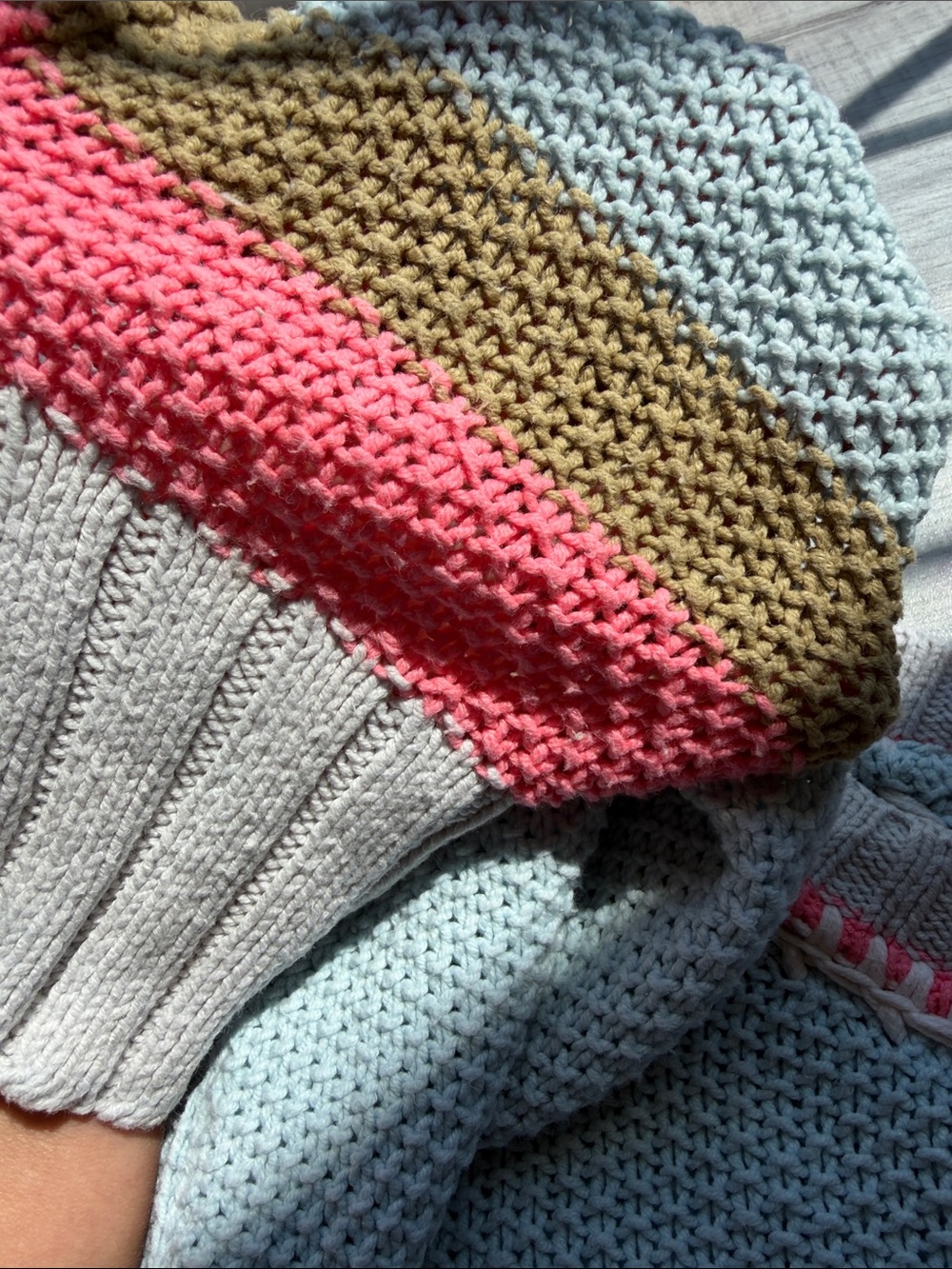 Lisa Todd Light Blue Crewneck Sweater with Pink and Olive Stripes, Size L. - Picture 7 of 15